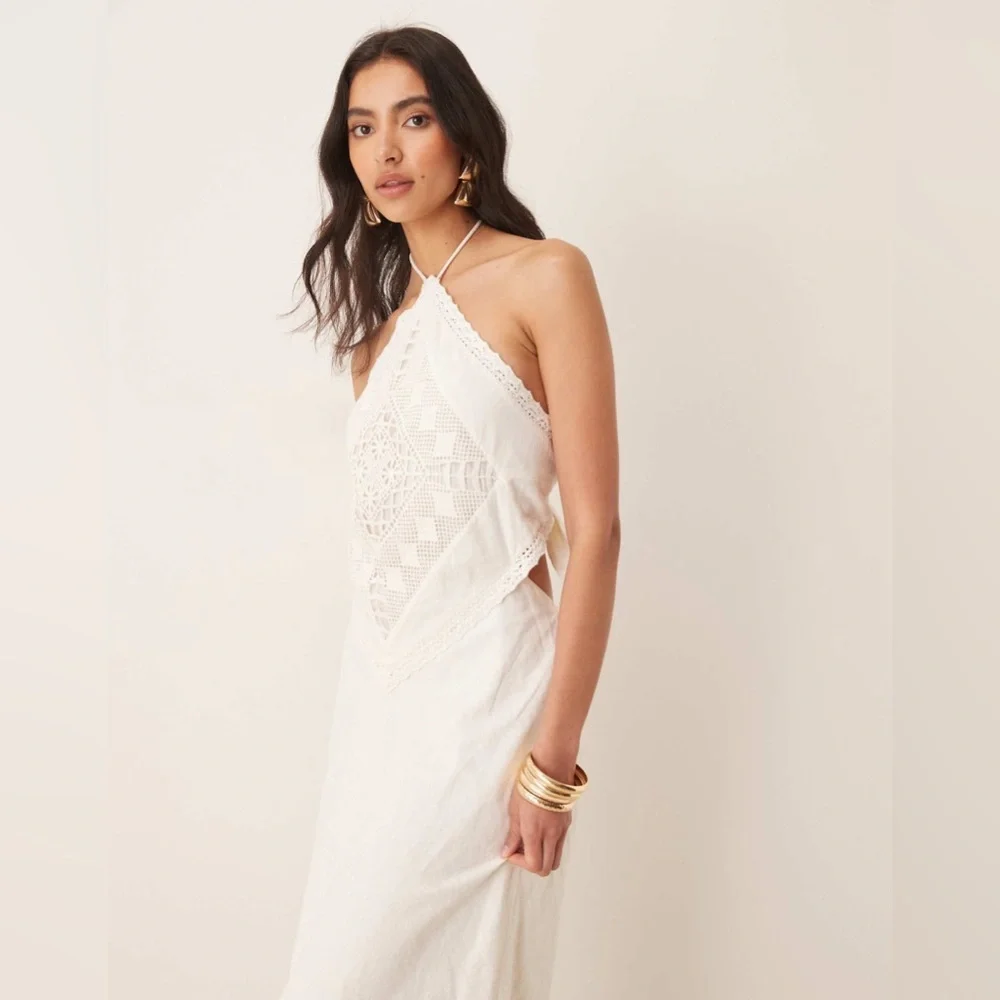 Abercrombie & Fitch Ivory Crochet Halter Maxi Dress